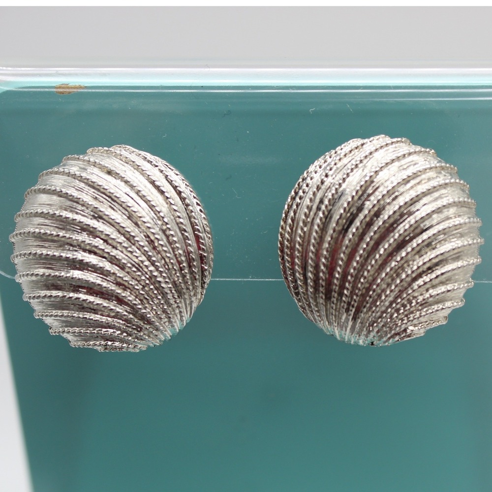 Napier Earrings Vintage Textured Shell Dome Clip On Screw Back Silver Tone OS